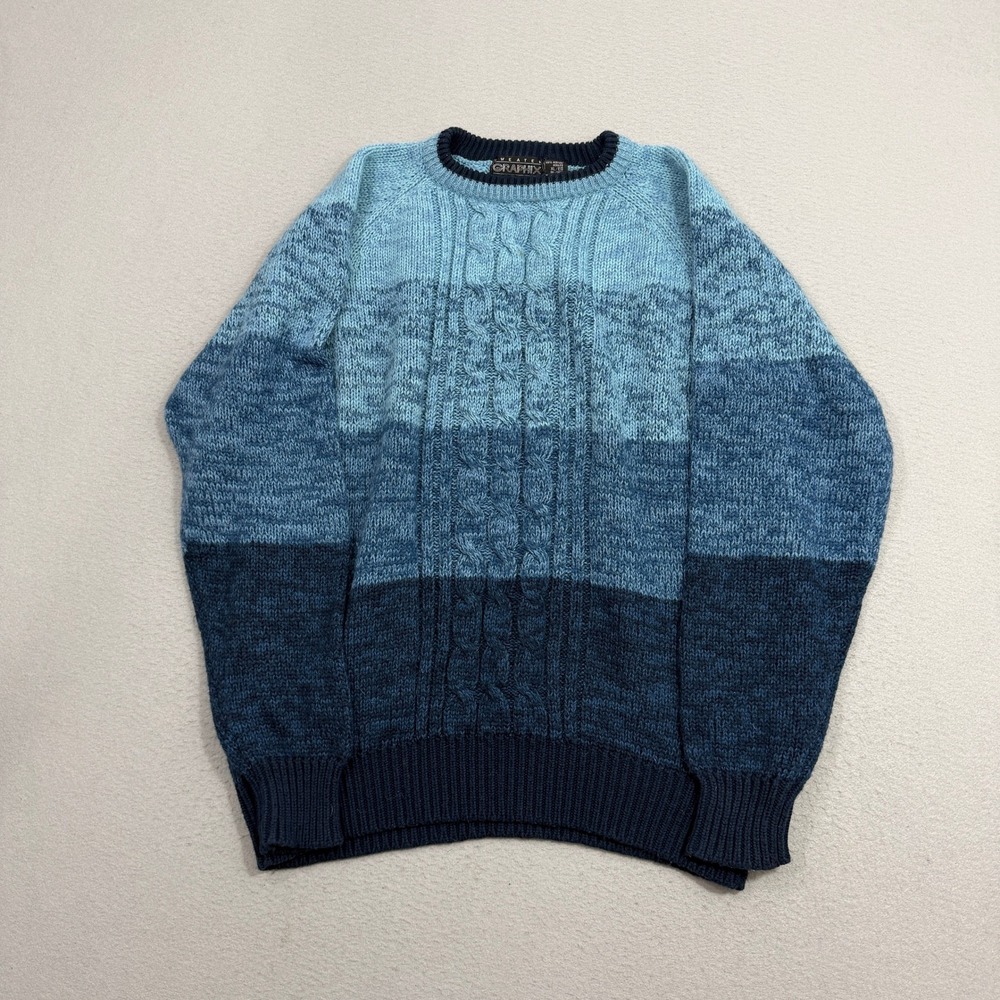 Vintage Graphix Sweater Mens XL Blue Ombre Cable Knit Crewneck Pullover Grandpa